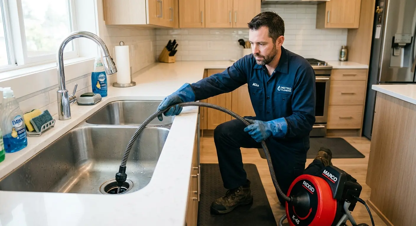 Drain cleaning technician using a motorized snake on a kitchen sink in Horn Lake