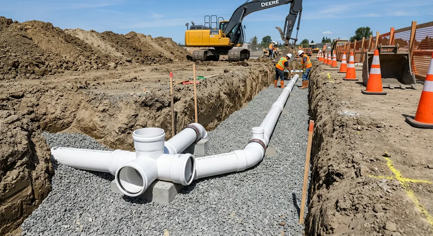 New PVC sewer pipe installation in open trench for Commercial Drain Cleaning in Horn Lake