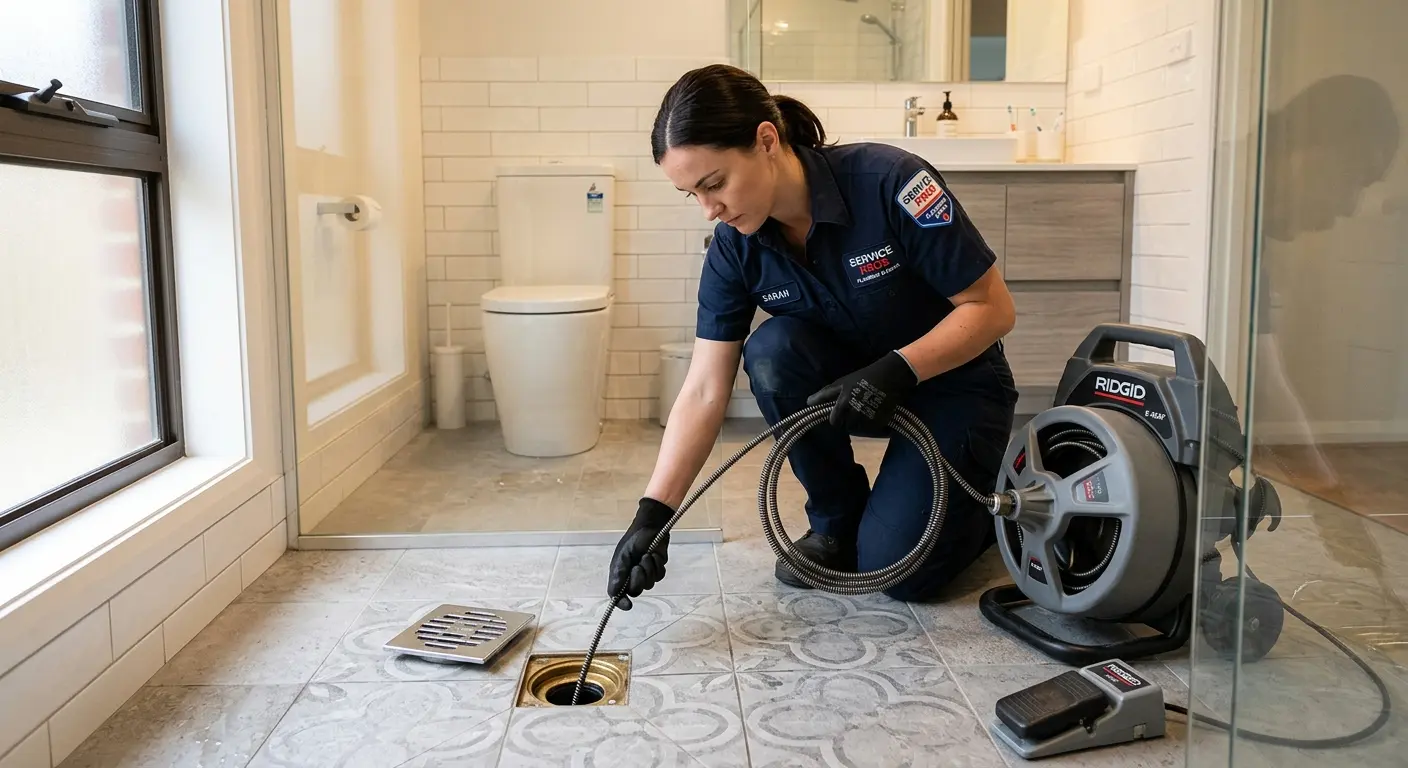 Technician clearing a bathroom floor drain for Drain Cleaning in Horn Lake